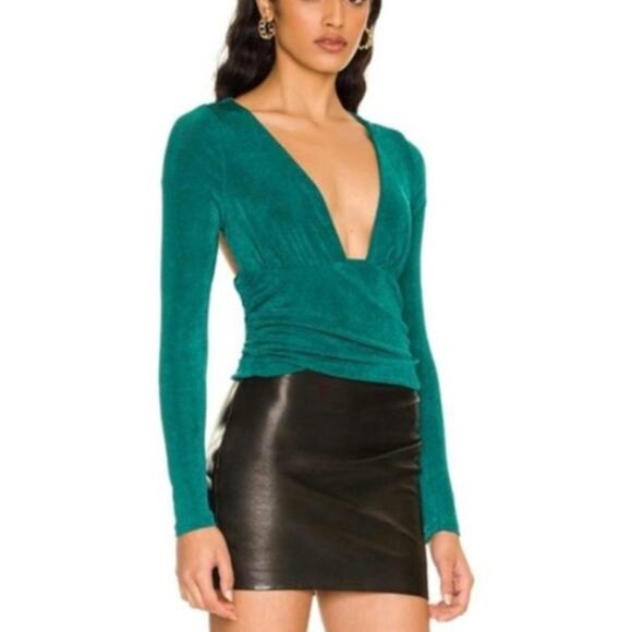 Revolve Superdown Green Deep V-Neck Open Back Tie Knit Top XS Long Sleeve - Picture 1 of 8